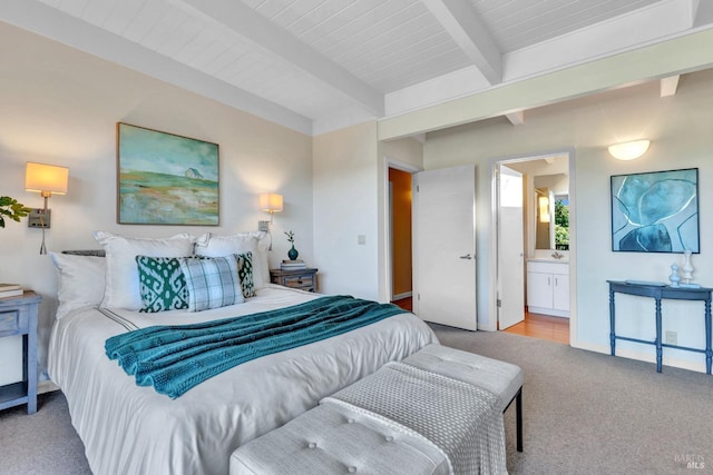 4444 Redwood Rd, Napa, CA 94558 - bedroom featuring carpet flooring, beamed ceiling, ensuite bath, and a sink