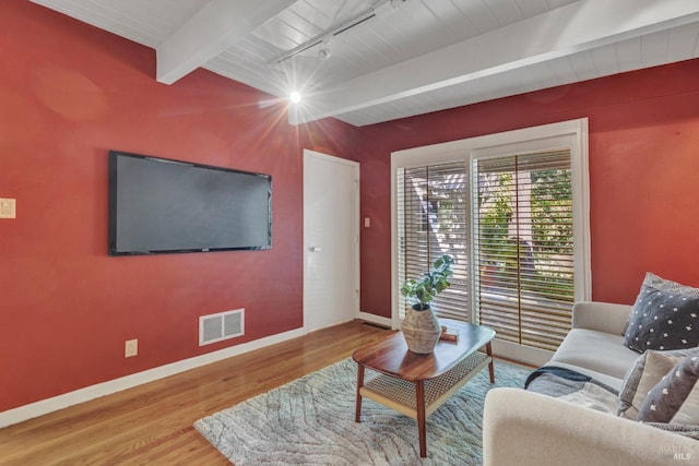 4444 Redwood Rd, Napa, CA 94558 - living area with baseboards, beamed ceiling, wood finished floors, and wooden ceiling