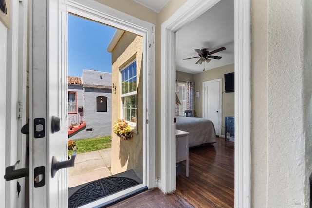 32 Muller St, Vallejo, CA 94590 - doorway to outside featuring a textured wall, wood finished floors, and ceiling fan