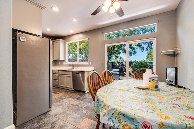 9227 Berwyn Way, Windsor, CA 95492 - dining space featuring ceiling fan, recessed lighting, and light stone finish floors