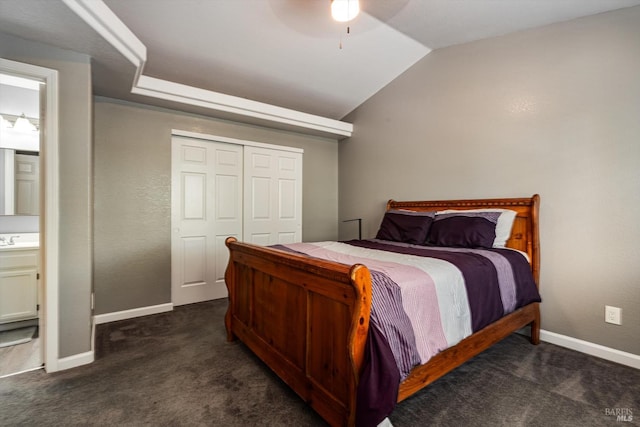 9227 Berwyn Way, Windsor, CA 95492 - bedroom featuring dark carpet, baseboards, vaulted ceiling, a ceiling fan, and a closet