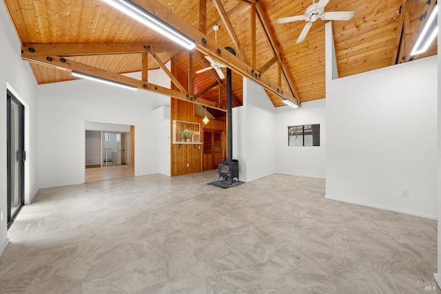 17651 Van Arsdale Rd, Potter Valley, CA 95469 - unfurnished living room with a wood stove, beamed ceiling, wooden ceiling, high vaulted ceiling, and a ceiling fan