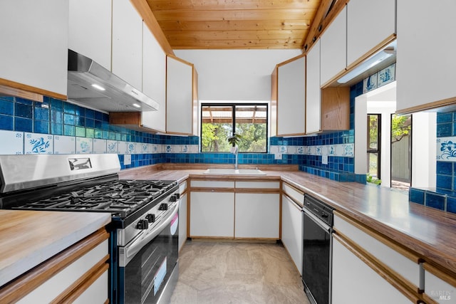 17651 Van Arsdale Rd, Potter Valley, CA 95469 - kitchen with stainless steel gas range oven, range hood, a sink, white cabinets, and wooden ceiling