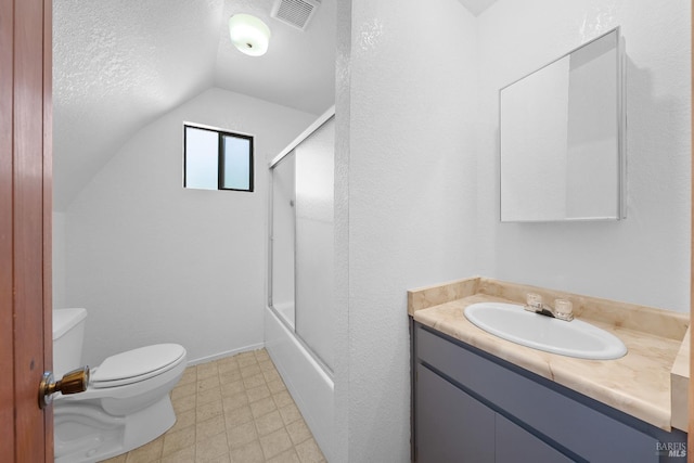 17651 Van Arsdale Rd, Potter Valley, CA 95469 - bathroom featuring toilet, vaulted ceiling, enclosed tub / shower combo, vanity, and a textured ceiling