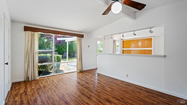 375 Las Colindas Rd, San Rafael, CA 94903 - empty room with track lighting, wood finished floors, a ceiling fan, baseboards, and vaulted ceiling