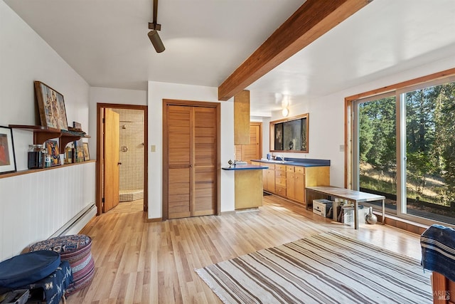17075 Fitzpatrick Ln, Occidental, CA 95465 - kitchen featuring light wood-style floors, beam ceiling, dark countertops, baseboard heating, and a sink