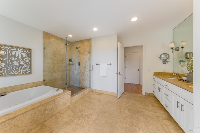 91 Round Hill Rd, Tiburon, CA 94920 - full bath featuring tile patterned floors, a bath, a stall shower, double vanity, and recessed lighting