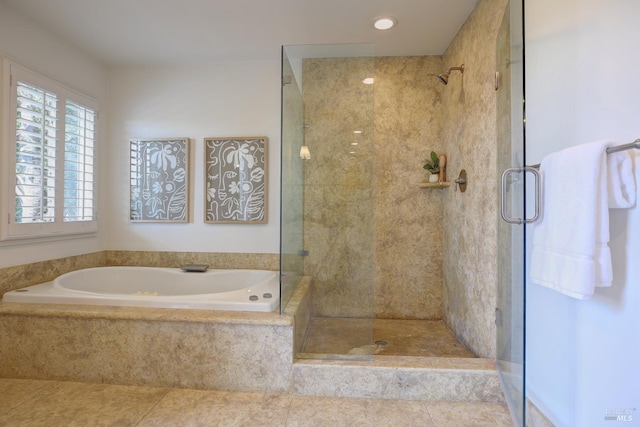 91 Round Hill Rd, Tiburon, CA 94920 - full bathroom featuring a stall shower, a bath, and tile patterned flooring