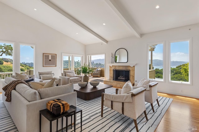 91 Round Hill Rd, Tiburon, CA 94920 - living room featuring a high end fireplace, beamed ceiling, light wood-style floors, recessed lighting, and high vaulted ceiling