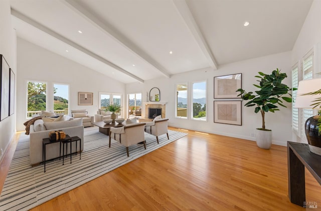 91 Round Hill Rd, Tiburon, CA 94920 - living area with beam ceiling, light wood-style floors, baseboards, a fireplace, and recessed lighting