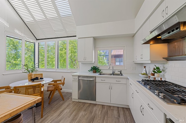 44 Lagoon Vis, Tiburon, CA 94920 - kitchen featuring stainless steel appliances, a sink, under cabinet range hood, decorative backsplash, and vaulted ceiling
