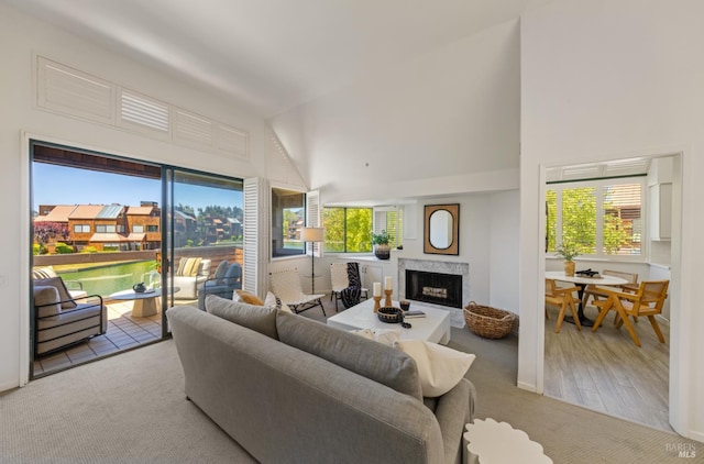 44 Lagoon Vis, Tiburon, CA 94920 - living area with high vaulted ceiling, a fireplace, plenty of natural light, and carpet flooring