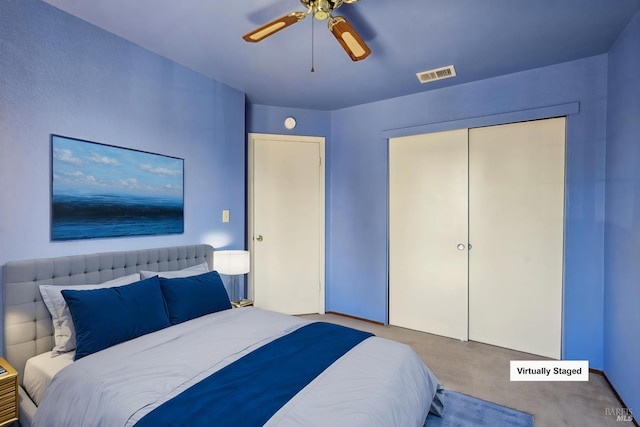 766 Morissette Way, Vacaville, CA 95687 - bedroom featuring carpet floors, a closet, and a ceiling fan