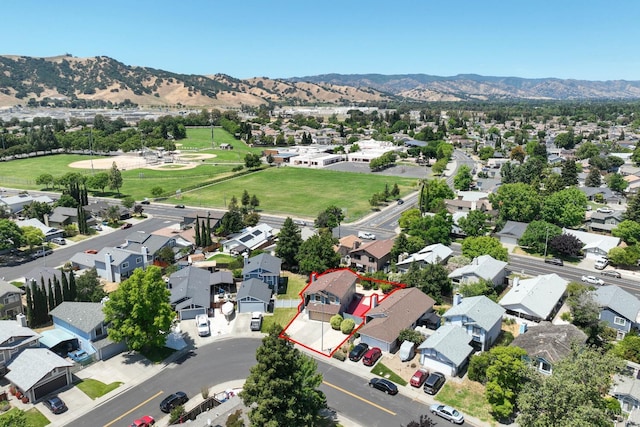 766 Morissette Way, Vacaville, CA 95687 - aerial perspective of suburban area featuring property parcel outlined and a mountainous background
