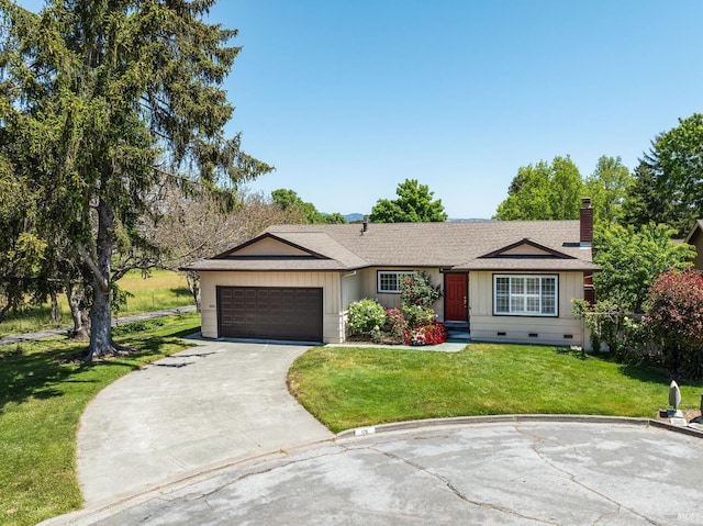 175 Temelec Cir, Sonoma, CA 95476 - ranch-style house with driveway, an attached garage, a front yard, a chimney, and crawl space