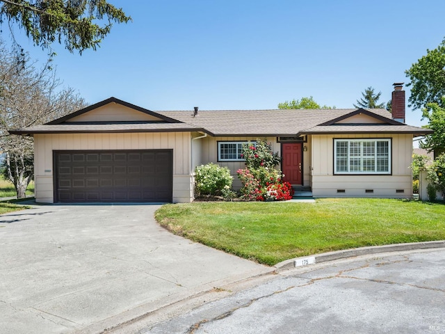 175 Temelec Cir, Sonoma, CA 95476 - single story home with a chimney, concrete driveway, an attached garage, a front lawn, and crawl space