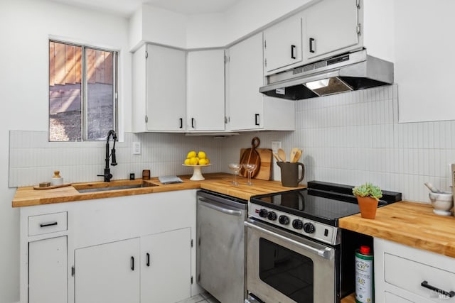 kitchen featuring under cabinet range hood, appliances with stainless steel finishes, a sink, and wood counters