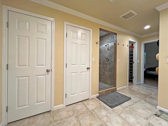 24034 Willow Ln, Willits, CA 95490 - full bath with a shower stall, crown molding, baseboards, tile patterned floors, and recessed lighting