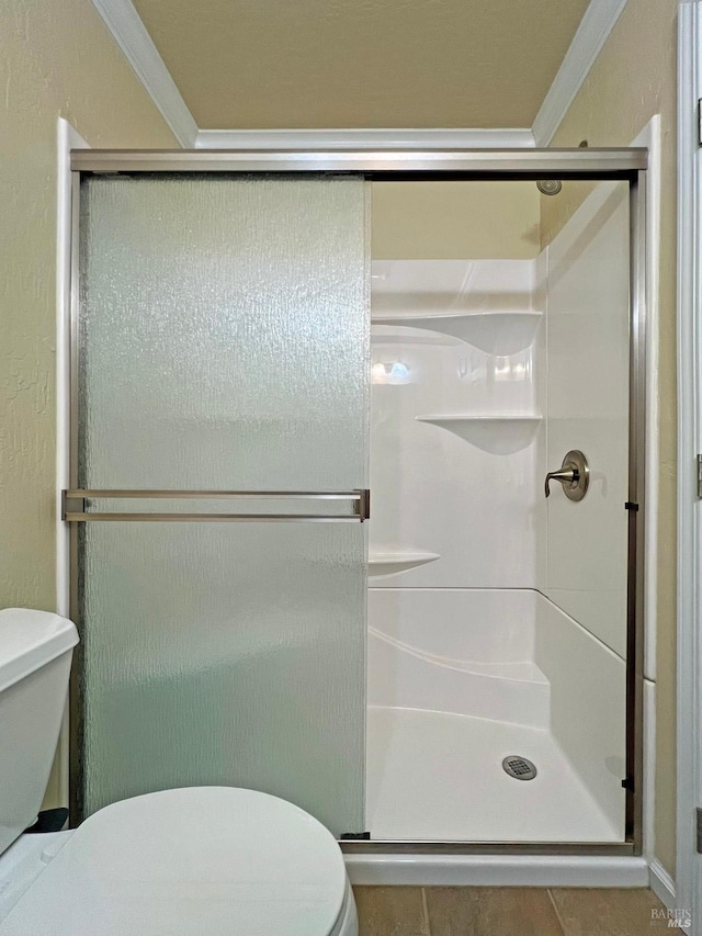 24034 Willow Ln, Willits, CA 95490 - bathroom featuring toilet, a stall shower, and tile patterned flooring