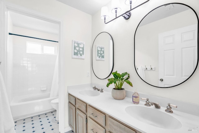 2812 Silver Fox Cir, Fairfield, CA 94534 - bathroom featuring toilet, double vanity, shower / bathtub combination with curtain, and tile patterned floors