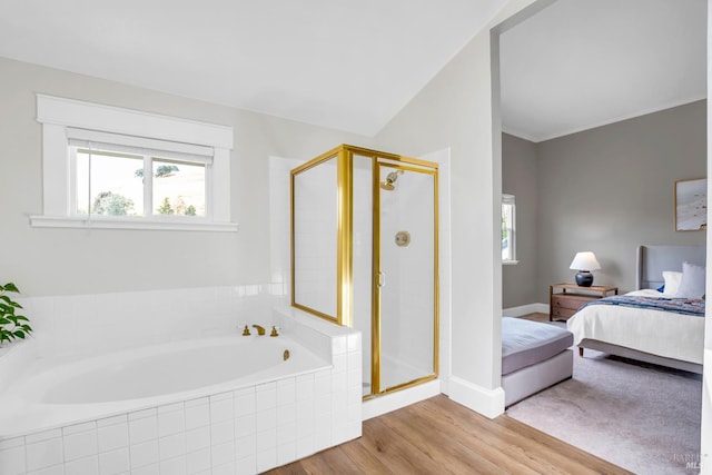2812 Silver Fox Cir, Fairfield, CA 94534 - full bath featuring a stall shower, a bath, wood finished floors, and connected bathroom