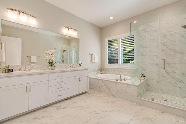 223 Pheasant Ct, Napa, CA 94558 - full bathroom with marble look tiles, a marble finish shower, a bath, and recessed lighting