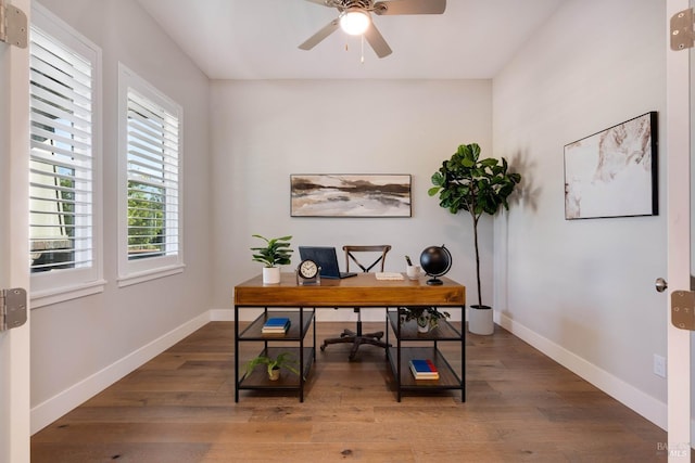 223 Pheasant Ct, Napa, CA 94558 - office area with a ceiling fan, wood finished floors, and baseboards