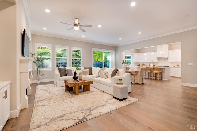 223 Pheasant Ct, Napa, CA 94558 - living area with ornamental molding, healthy amount of natural light, ceiling fan, recessed lighting, and light wood-type flooring
