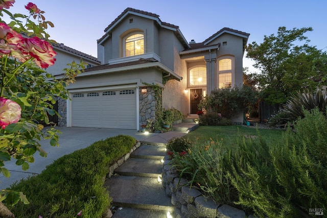 2130 Camenson St, Napa, CA 94558 - view of front of property featuring stone siding, stucco siding, driveway, a garage, and a tile roof