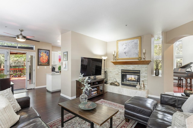 2130 Camenson St, Napa, CA 94558 - living room with ceiling fan, dark wood finished floors, healthy amount of natural light, and a fireplace