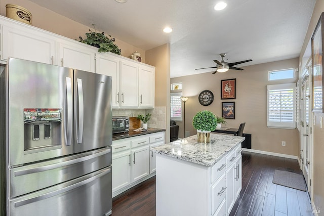 2130 Camenson St, Napa, CA 94558 - kitchen featuring stainless steel refrigerator with ice dispenser, a ceiling fan, a kitchen island, backsplash, and recessed lighting