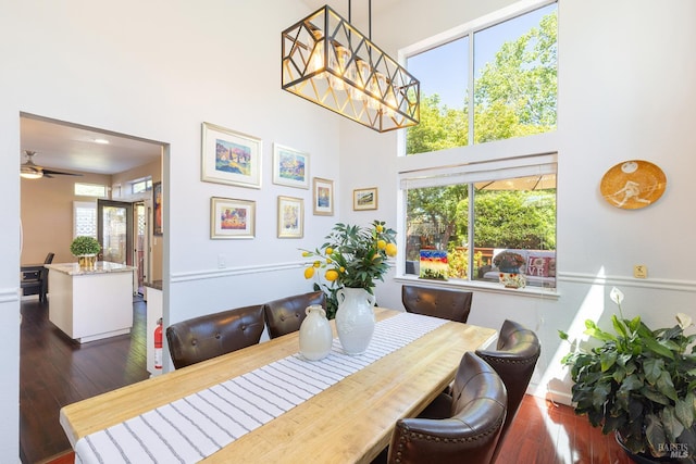 2130 Camenson St, Napa, CA 94558 - dining room featuring dark wood-style flooring, a towering ceiling, and ceiling fan