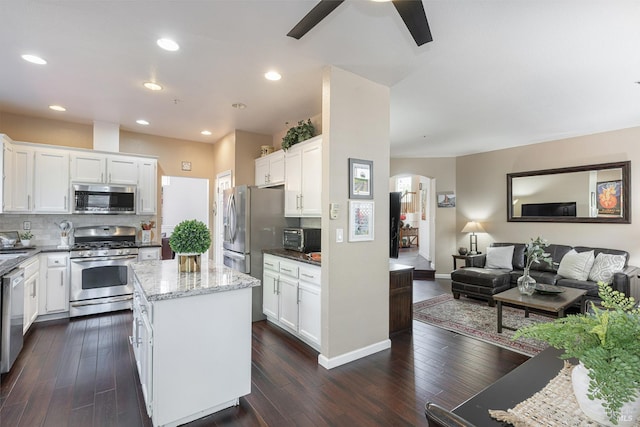 2130 Camenson St, Napa, CA 94558 - kitchen with appliances with stainless steel finishes, arched walkways, a ceiling fan, dark wood-style floors, and light stone counters