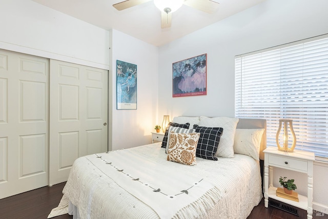 2130 Camenson St, Napa, CA 94558 - bedroom with dark wood finished floors, a closet, and a ceiling fan