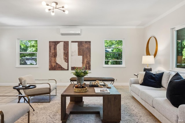 231 Railroad Ave, Woodacre, CA 94973 - living room featuring a wall mounted air conditioner, plenty of natural light, crown molding, and baseboards