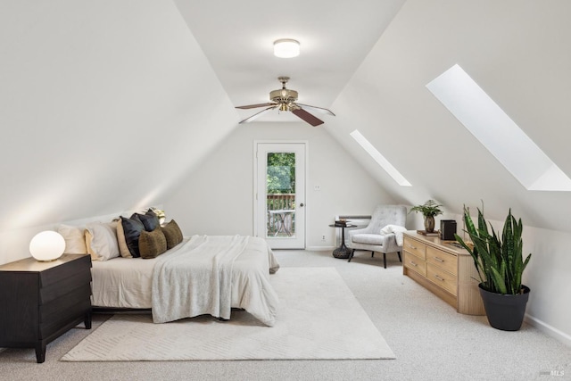 231 Railroad Ave, Woodacre, CA 94973 - bedroom with a skylight, access to outside, vaulted ceiling, light carpet, and ceiling fan
