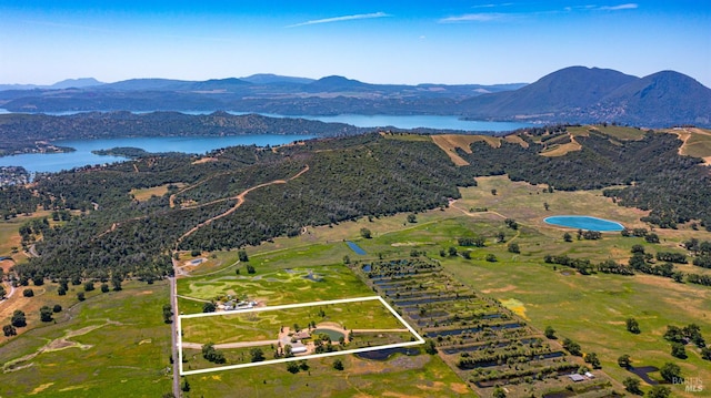 12285 High Valley Rd, Clearlake Oaks, CA 95423 - aerial overview of property's location featuring a water and mountain view and property parcel outlined