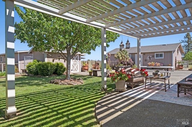 23180 Maffei Rd, Sonoma, CA 95476 - view of patio with an outdoor hangout area, a pergola, an outdoor structure, and a storage shed