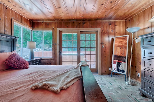 20215 Willow Rd, Monte Rio, CA 95462 - bedroom featuring wood walls, wood ceiling, access to exterior, and multiple windows