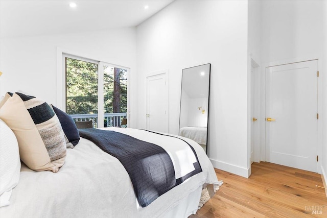 1358 Sylvan Ct, Healdsburg, CA 95448 - bedroom featuring high vaulted ceiling, light wood finished floors, recessed lighting, and baseboards