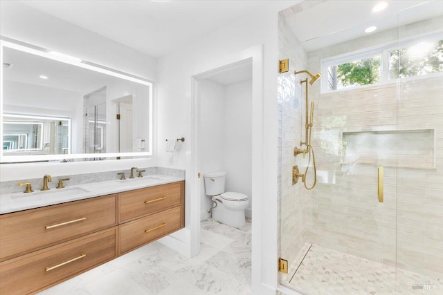 1358 Sylvan Ct, Healdsburg, CA 95448 - bathroom with a stall shower, double vanity, toilet, and marble finish flooring