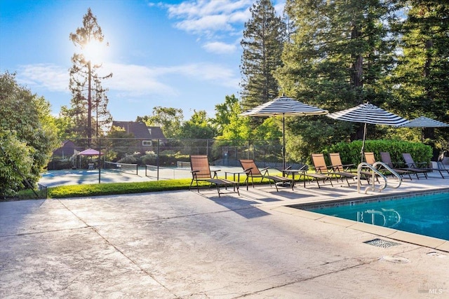 1358 Sylvan Ct, Healdsburg, CA 95448 - community pool featuring a tennis court, fence, and a patio area