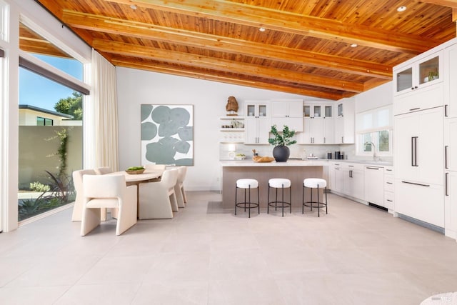 980 Trentadue Way, Healdsburg, CA 95448 - kitchen featuring wood ceiling, paneled appliances, a breakfast bar, light countertops, and white cabinetry