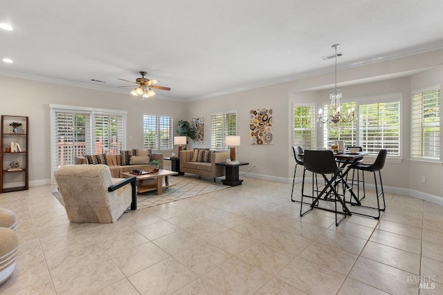3704 Chapparal Ct, Fairfield, CA 94534 - living area with light tile patterned floors, ornamental molding, a chandelier, a ceiling fan, and healthy amount of natural light