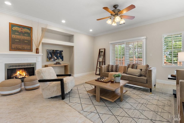 3704 Chapparal Ct, Fairfield, CA 94534 - living area with crown molding, a ceiling fan, recessed lighting, a warm lit fireplace, and baseboards