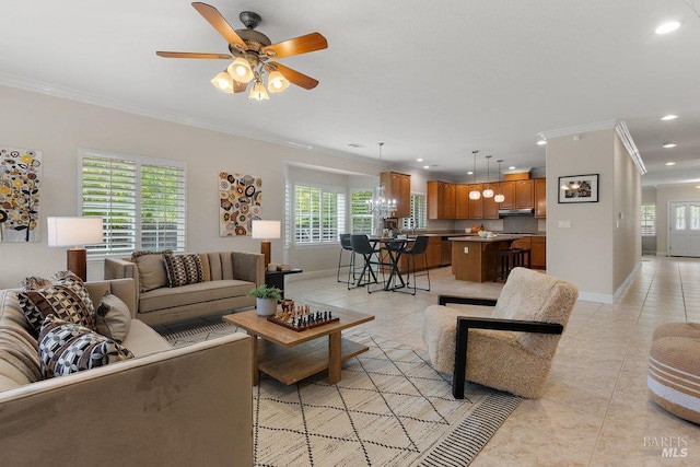 3704 Chapparal Ct, Fairfield, CA 94534 - living area with ornamental molding, baseboards, light tile patterned floors, recessed lighting, and a ceiling fan