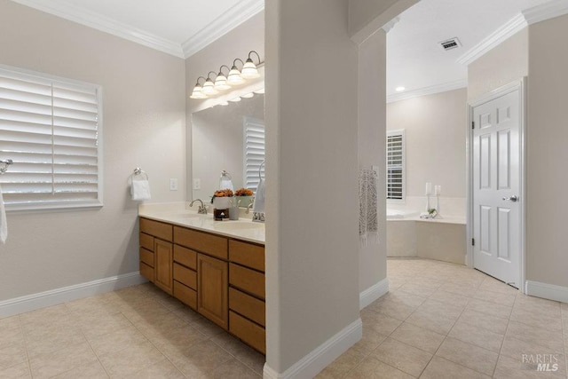 3704 Chapparal Ct, Fairfield, CA 94534 - bathroom with ornamental molding, tile patterned floors, double vanity, a garden tub, and baseboards
