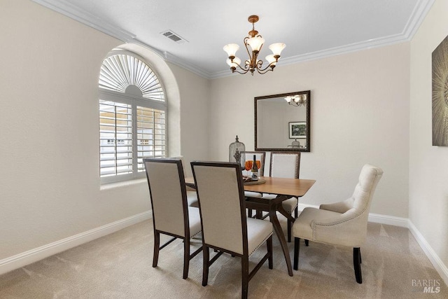 3704 Chapparal Ct, Fairfield, CA 94534 - dining space with a chandelier, healthy amount of natural light, light colored carpet, crown molding, and baseboards