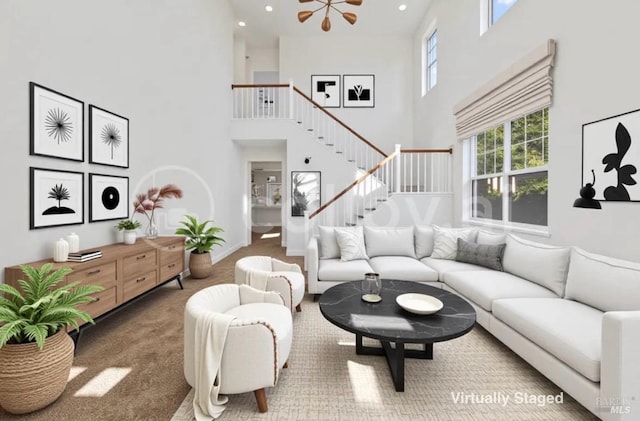 5151 Freitas Pl, Fairfield, CA 94533 - living room with a high ceiling, stairs, recessed lighting, and carpet