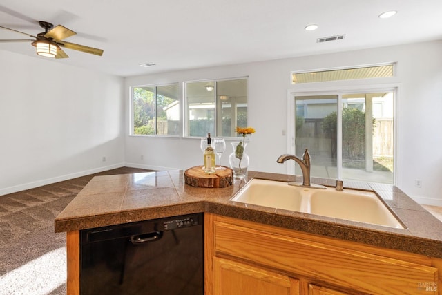 5151 Freitas Pl, Fairfield, CA 94533 - kitchen with black dishwasher, tile countertops, a sink, ceiling fan, and recessed lighting